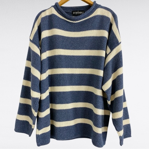 FIORI Find Better | Blue Oatmeal White Striped Oversized Drop Sleeve Dad Sweater - Picture 4 of 6